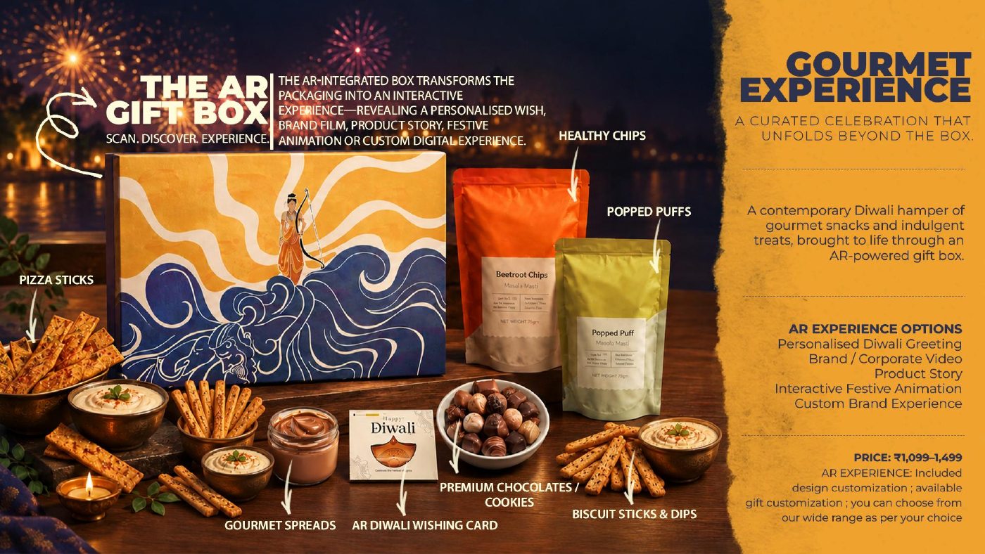 Gourmet Experience hamper with premium snacks and AR packaging